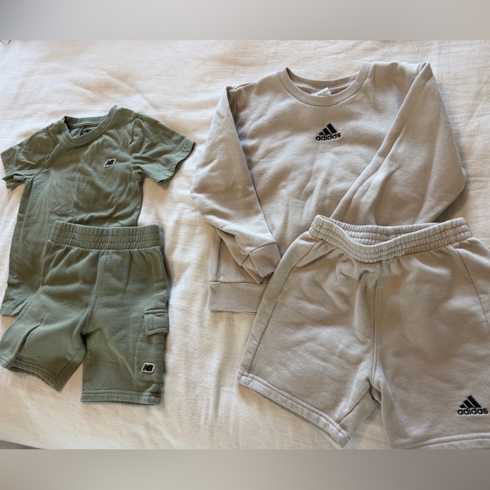 adidas Cream Sweatshirt & new balance Shorts Set with Olive Tee size 5t